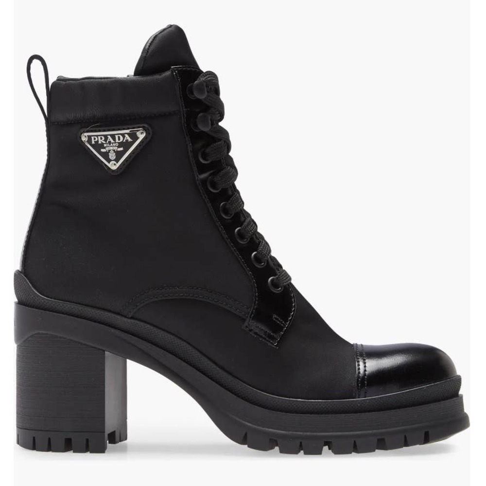 Prada Women's Black Lace-Up Leather-Trim Combat Boot